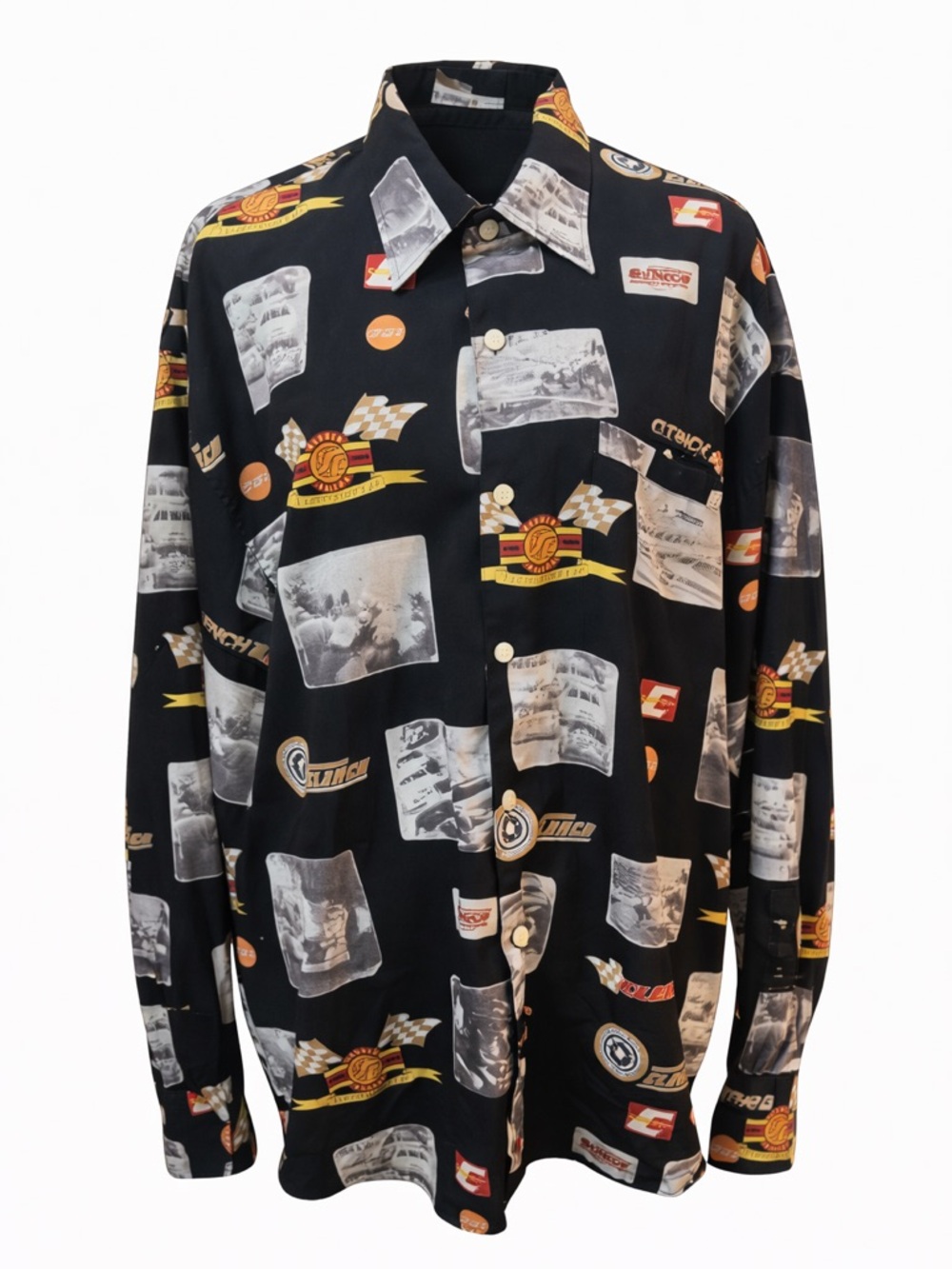 Clench Jeans Racing Print Button Up Shirt XL Vintage Style Graphic Long Sleeve